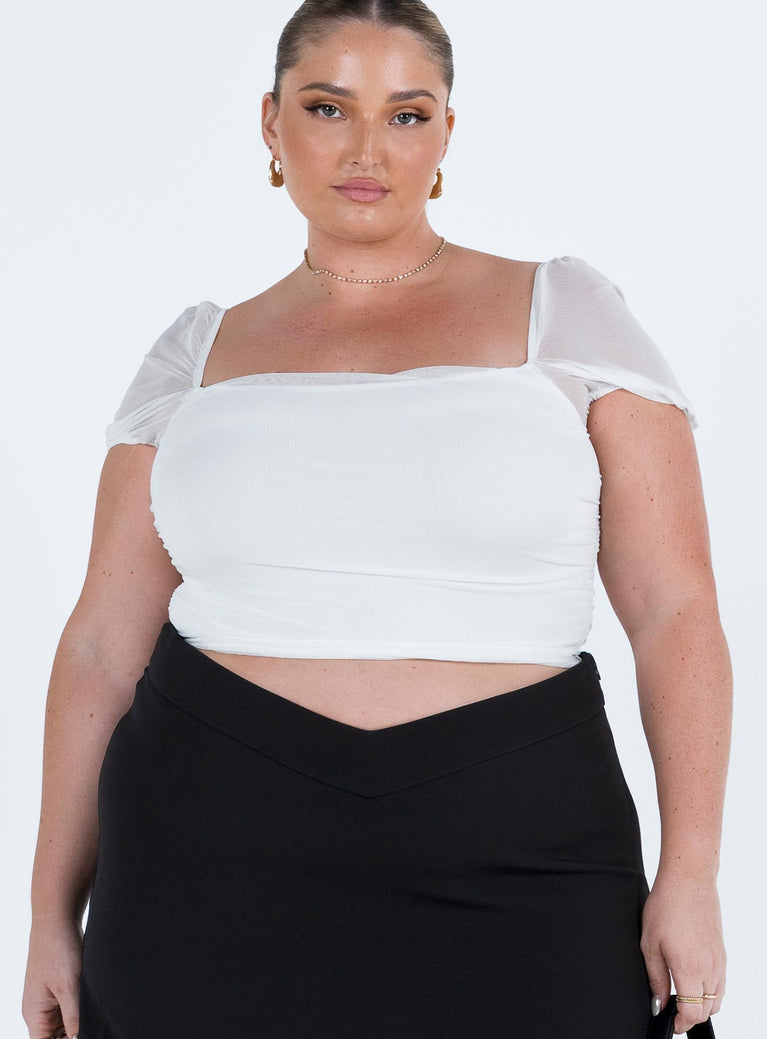 White crop top Straight neckline Elasticated sleeves Gathered material Mesh material Slim fitting Lined body