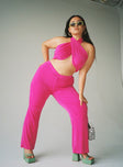 Pink matching set Crop top Strapless style Can be tied multiple ways High waist pants V-shaped waist Flared leg Elasticated waistband