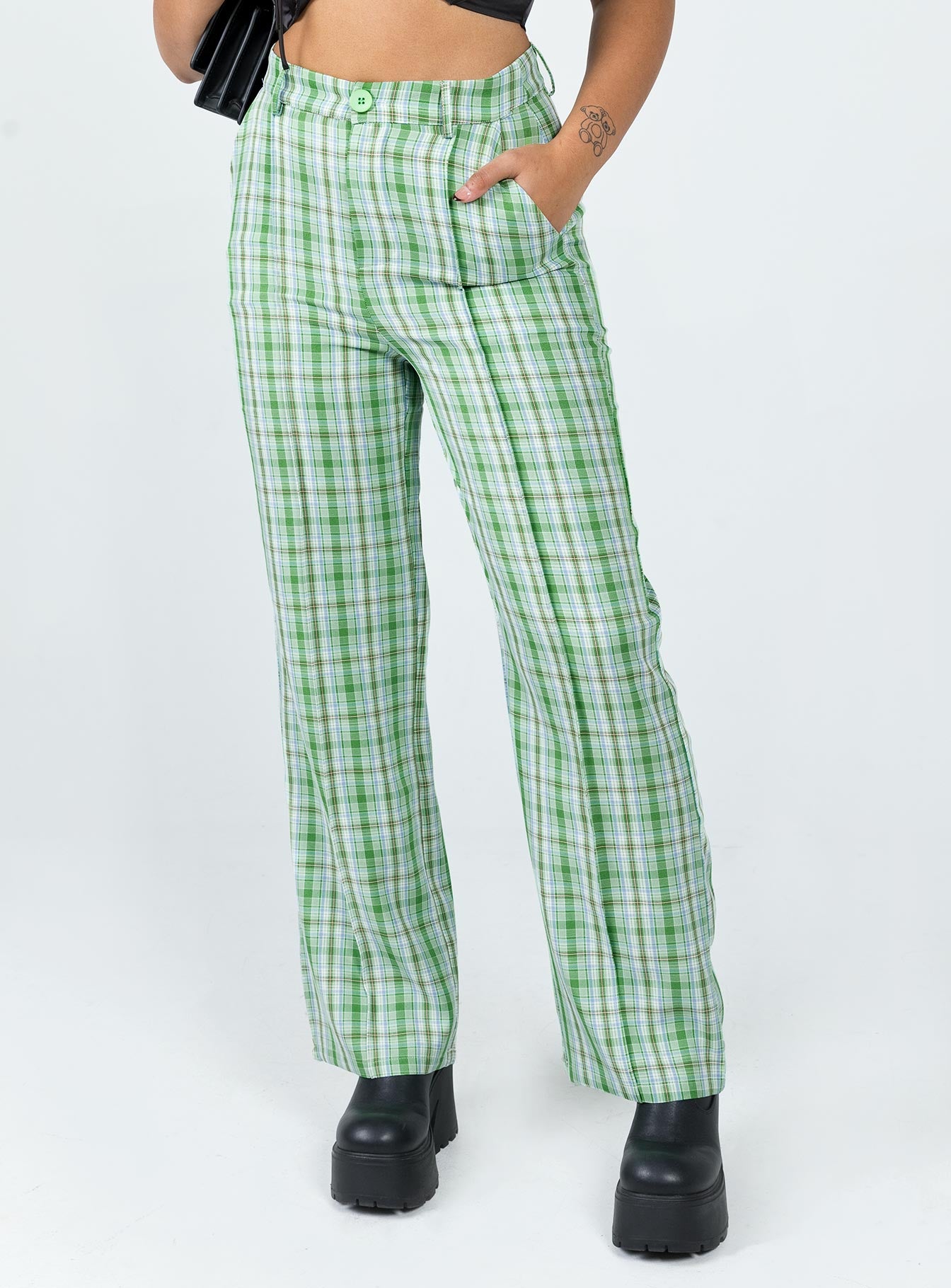 front view of model wearing Princess Polly Wiluna Pants Green 