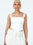 White top Cotton Embroidered detailing Square neckline Elasticated lace straps Hook & eye fastening at front