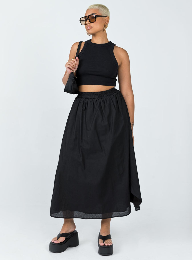 Maxi skirt  Princess Polly Exclusive 95% cotton 5% linen  Linen look material  Elasticated waistband  Fixed wrap style  Non-stretch
