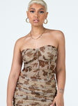 Beige strapless top Sheer mesh material Graphic print Inner silicone strip at bust Curved hem