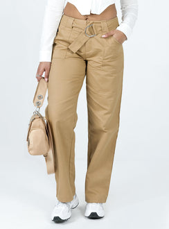 front view of model wearing Princess Polly Burdem Low Waist Pants Camel 