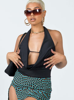 side view of model wearing Princess Polly Kayley Bodysuit Black Sleeveless Cowl 