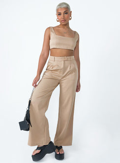 Matching set Pinstripe print  Crop top Invisible zip fastening at side High waisted pants Wide leg Belt loops at waist Zip & button fastening Lined top