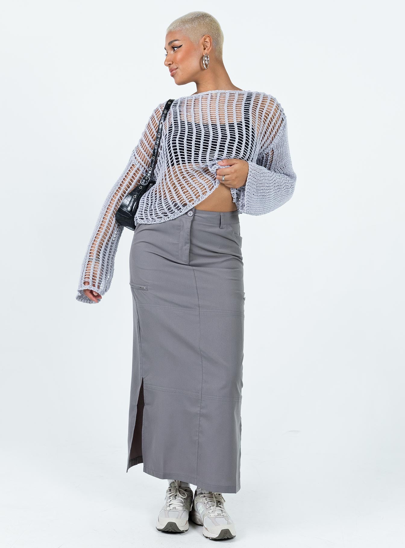 Front view of model wearing  front Elderbery Cargo Maxi Skirt Grey Princess Polly  Maxi 
