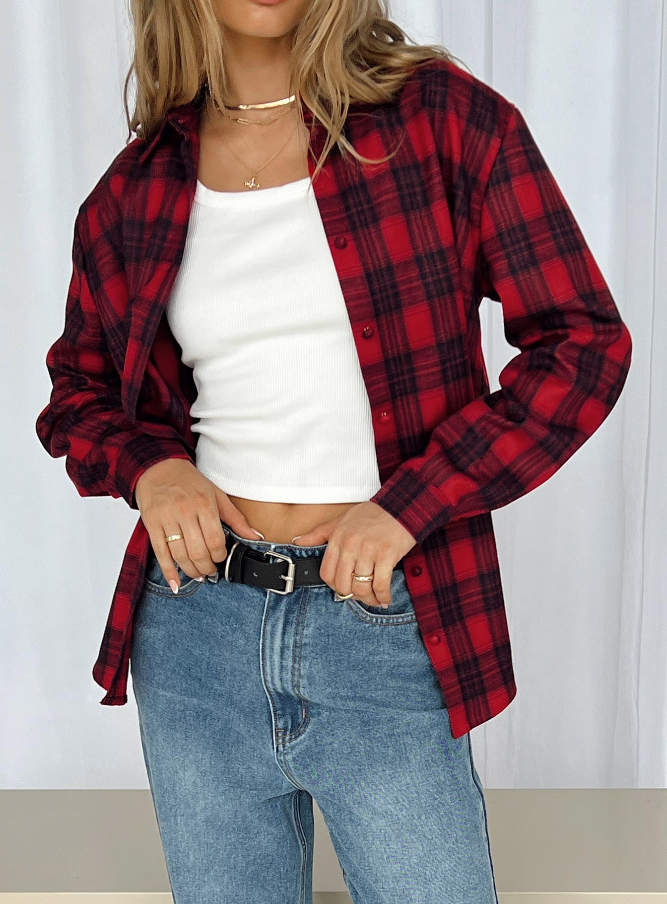 Front view of model wearing  front Princess Polly Full Sleeves High Neck  Deacon Shirt Red Tartan
