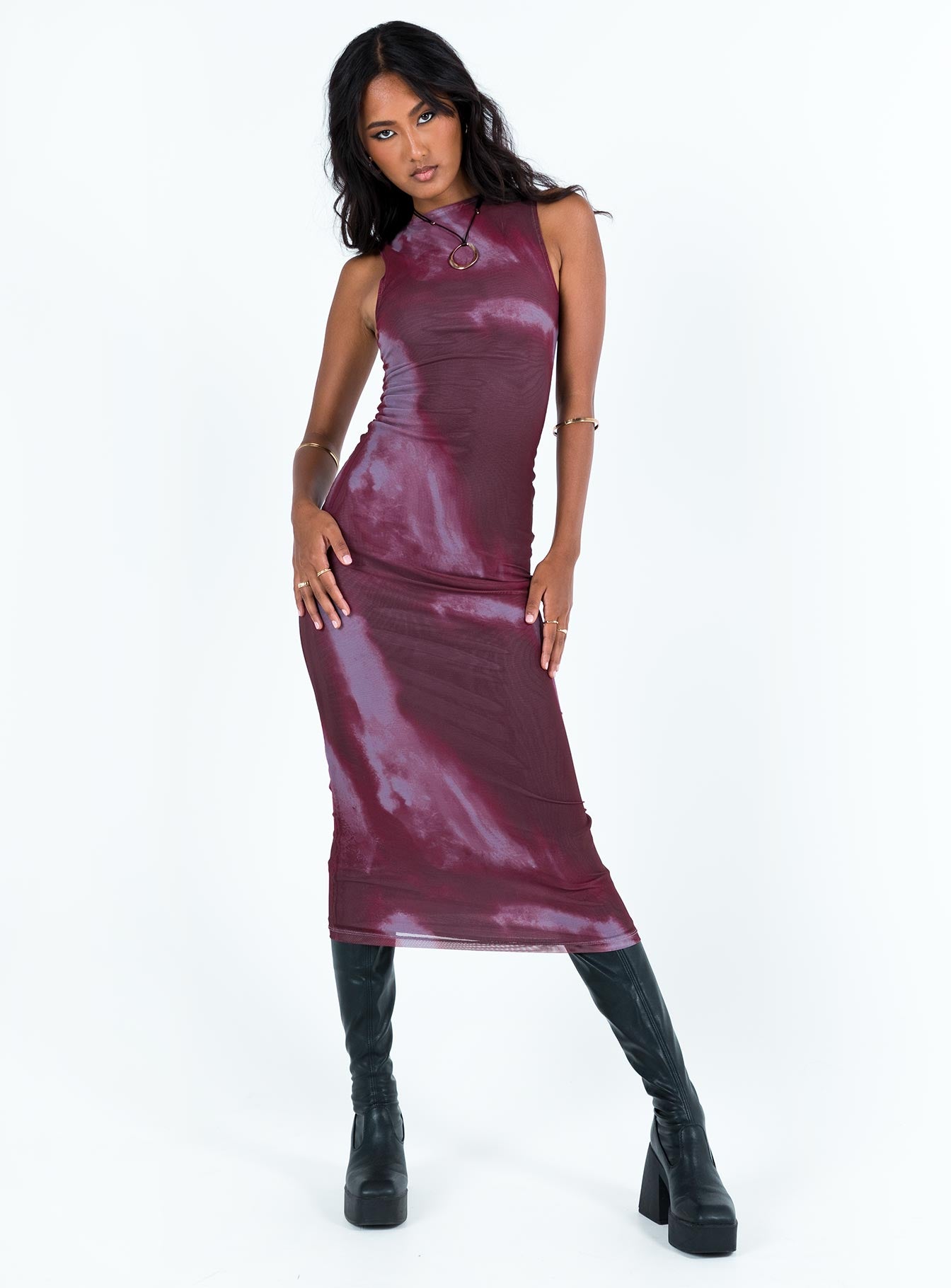 Motel fayola dress mesh watercolour wine