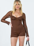 Long sleeve romper Ruched bust Wired cups Halter neck tie fastening Sheer mesh sleeves