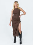 Front view of model wearing  front Princess Polly High Neck  Brenly Mesh Maxi Dress Brown