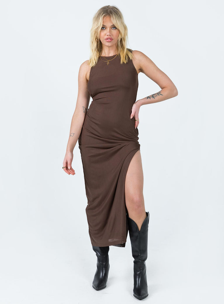 Front view of model wearing  front Princess Polly High Neck  Brenly Mesh Maxi Dress Brown