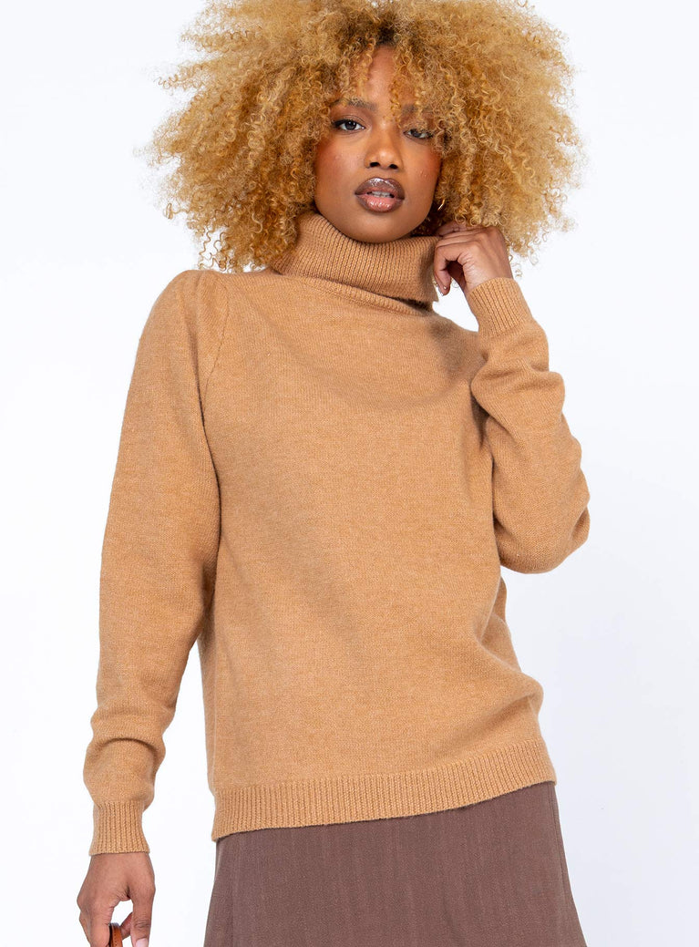 front view of model wearing Princess Polly Larissa Sweater Brown 