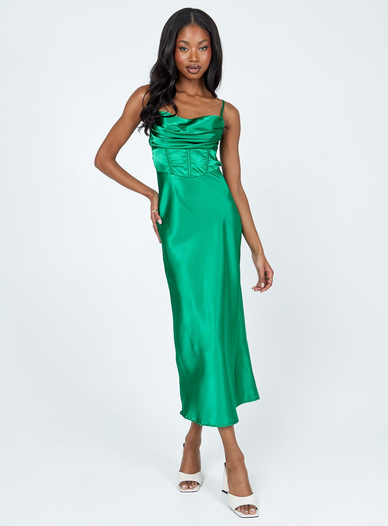 front view of model wearing Princess Polly Lillie Midi Dress Forest Green 