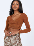 front view of model wearing Princess Polly Christy Long Sleeve Top Brown 