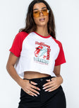 Ringer tee 100% cotton  Cropped design  Graphic print  Good stretch  