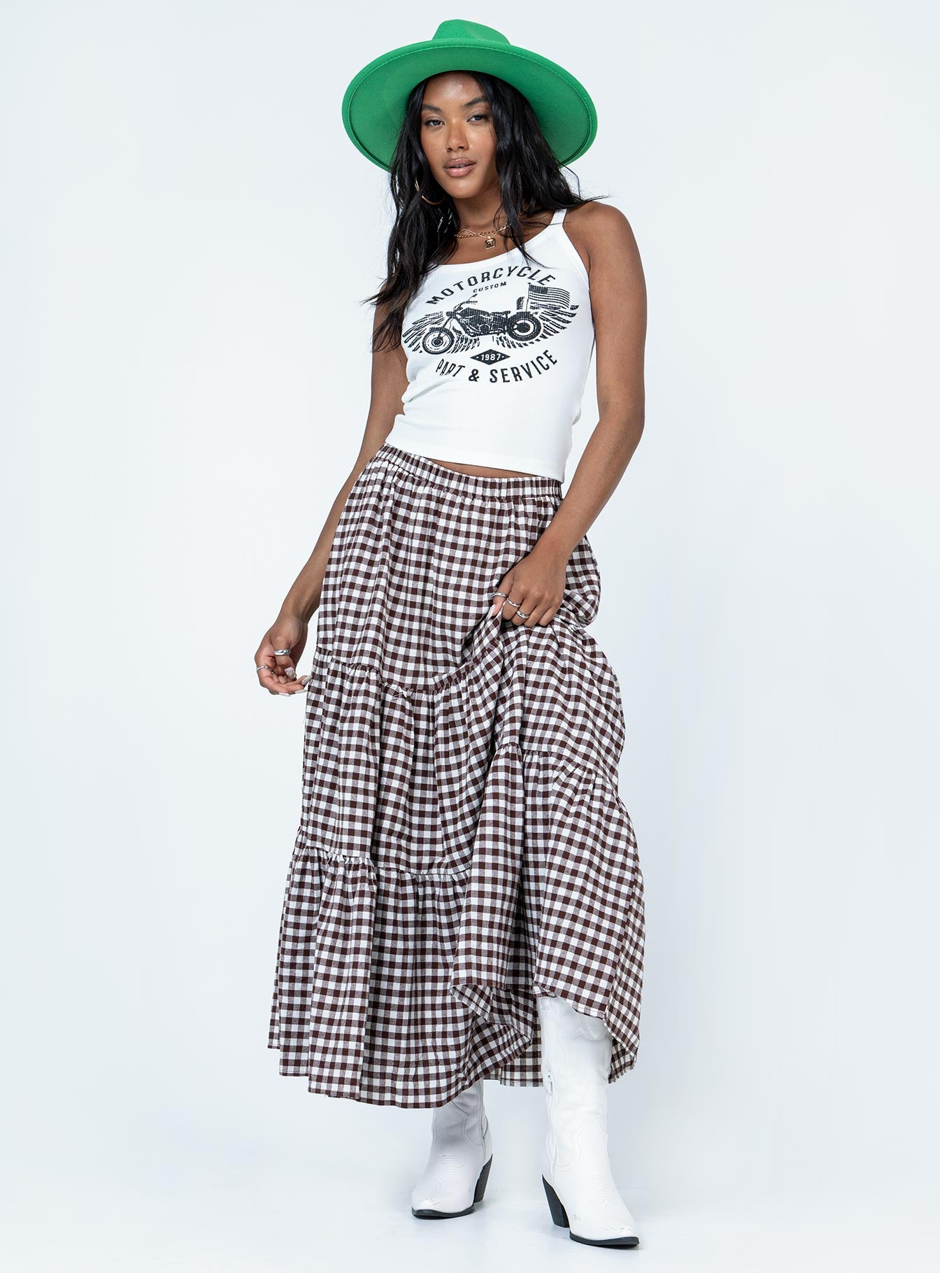   front view of model wearing Princess Polly Hale Midi Skirt Brown Maxi 