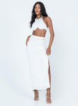 White matching set Crop top  Halter neck tie fastening  Wired bust  High waisted midi skirt  Elasticated waistband  High side slit  Good stretch  Fully lined 