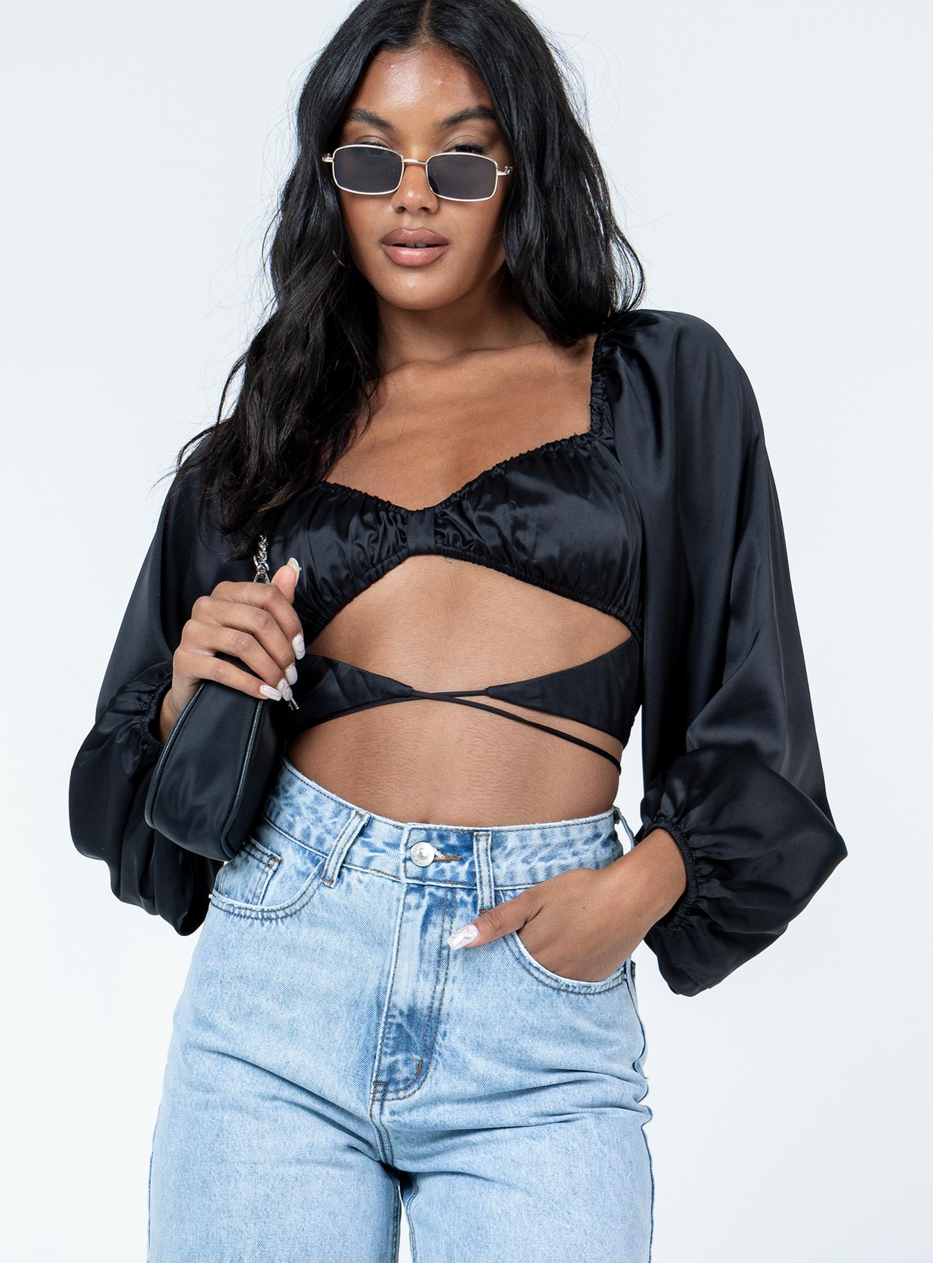 front view of model wearing Princess Polly Nikita Long Sleeve Top Black Full Sleeves Sweetheart 