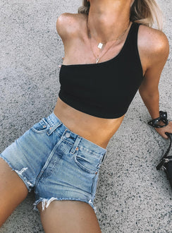 back view of model wearing Princess Polly Bellante One Shoulder Top Black 