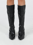 Knee high boots Faux leather material Stitched detail Pull tabs at side Pointed toe  Padded footbed