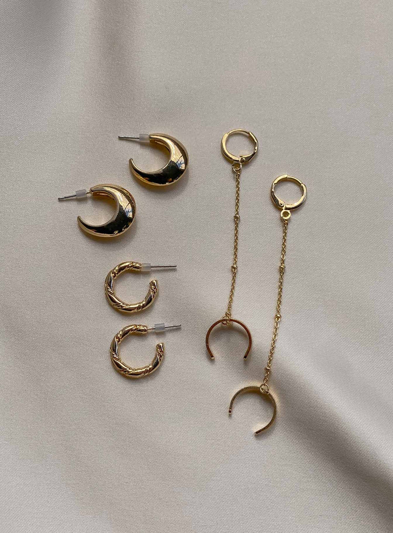 Earring pack Set of three Hoop design Stud fastening Drop down charm Gold-toned