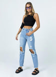 side view of model wearing Princess Polly Paola Straight Leg Denim Jeans High Waisted 