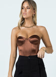 front view of model wearing Princess Polly Amora Bodysuit Brown Sleeveless Sweetheart 