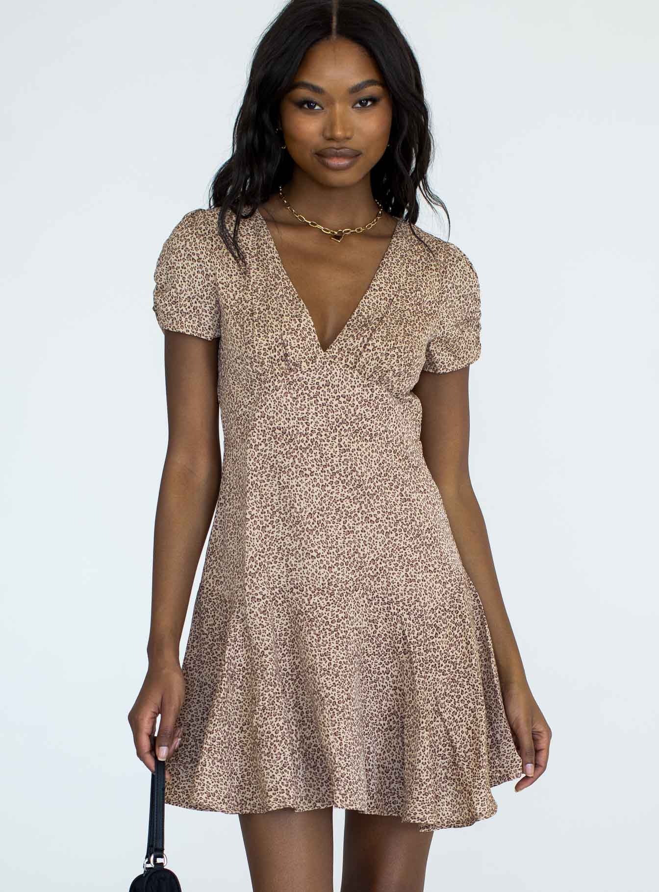 front view of model wearing Princess Polly The Sting Mini Dress Leopard 