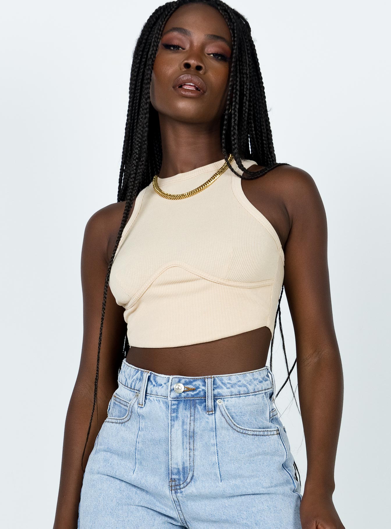 front view of model wearing Princess Polly Audrina Top Beige 