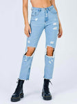 Princess Polly Mid Rise  Erissa Knee Rip Jeans Light Wash Denim