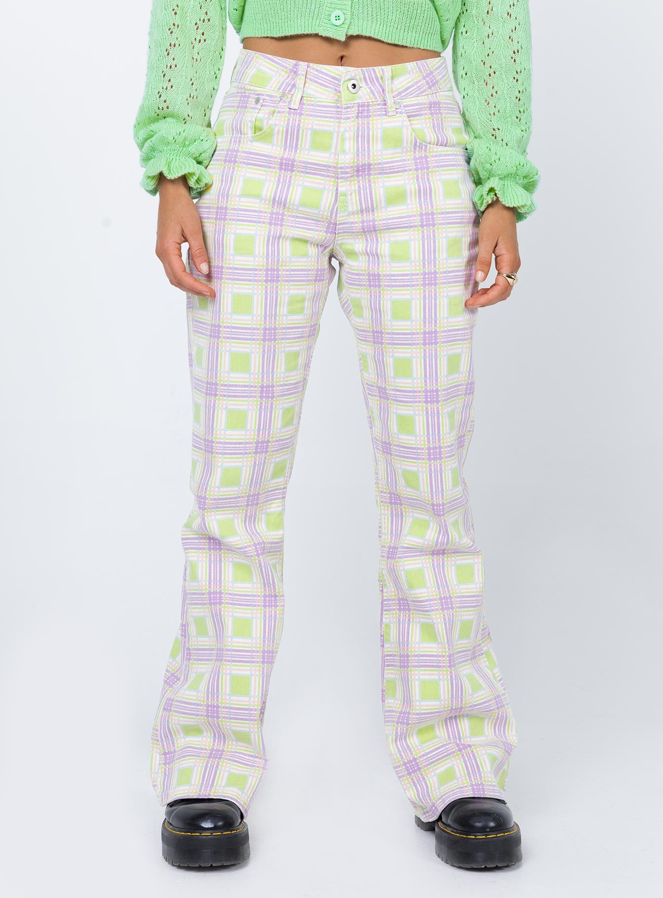 back view of model wearing Princess Polly The Ragged Priest Trail Denim Jeans Green Check Mid Rise 