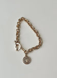 Bracelet Gold toned Chunky style chain Drop charm T bar fastening