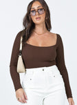 front view of model wearing Princess Polly Charlotte Bodysuit Brown Full Sleeves Square Neck 