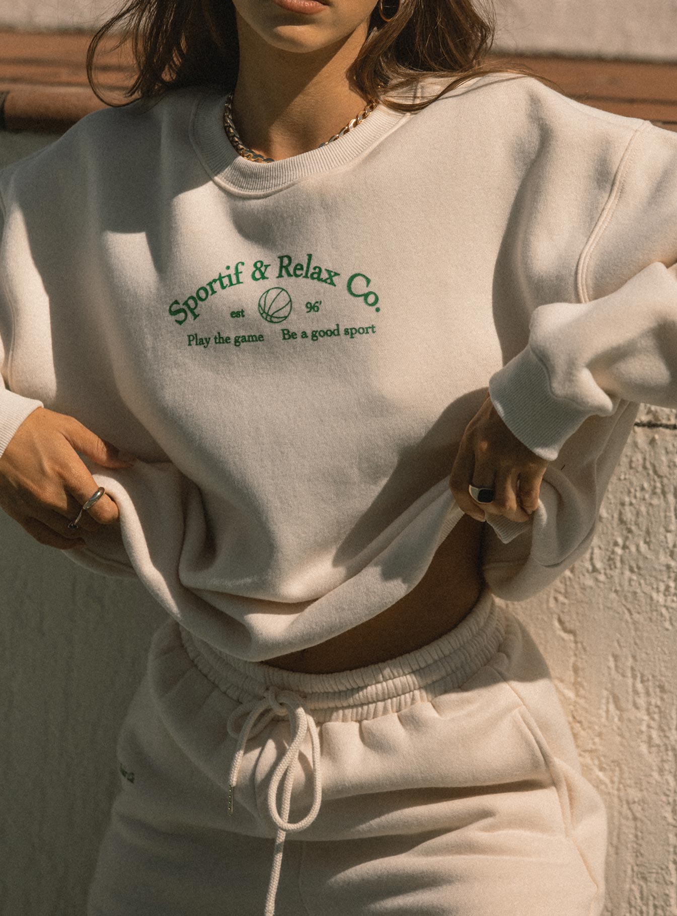 Front view of model wearing  front MVP Oversized Crewneck Sweatshirt Cream Princess Polly  