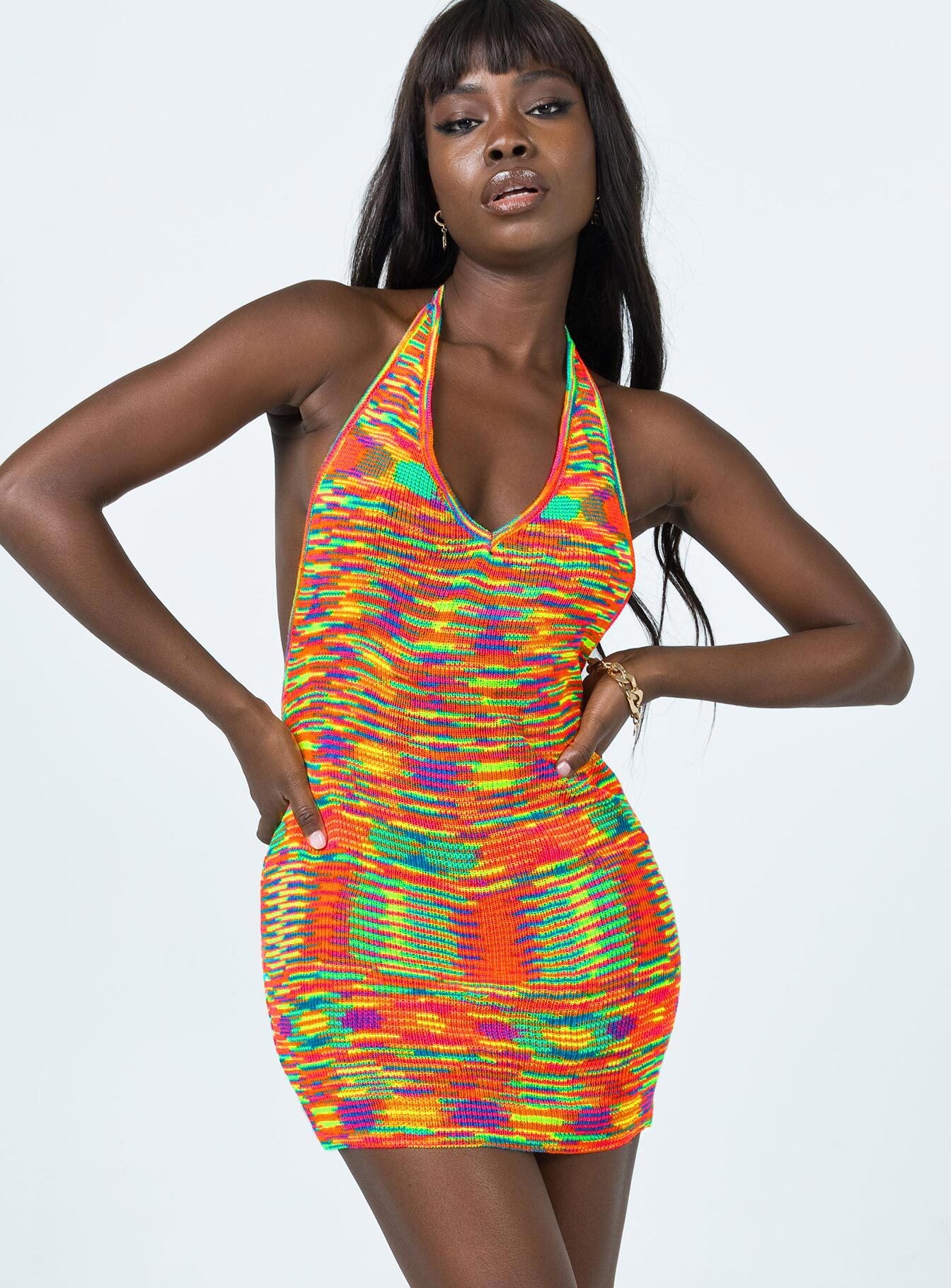 front view of model wearing Princess Polly Adelle Halter Mini Dress Multi 