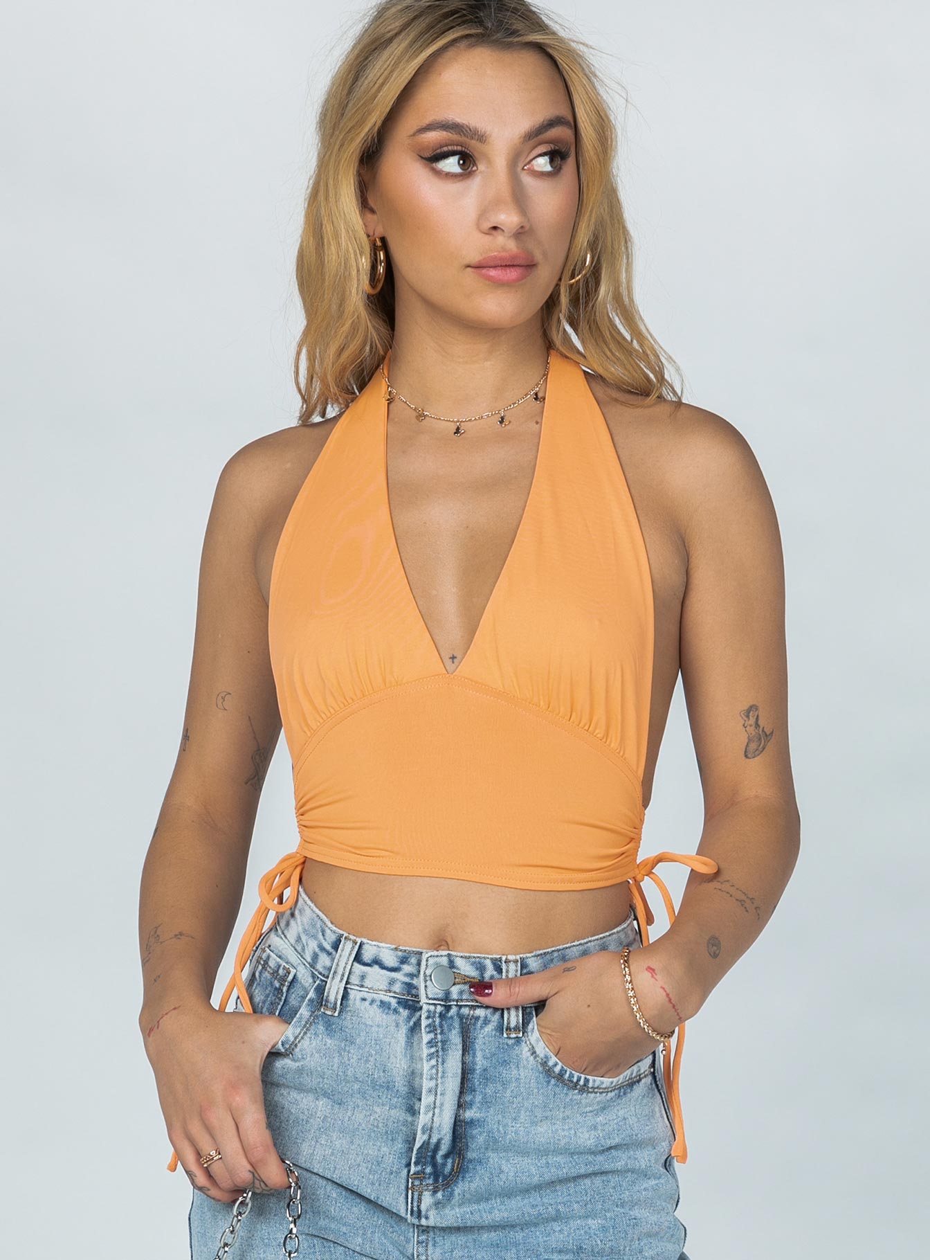 front view of model wearing Princess Polly Penelope Halter Top Orange 
