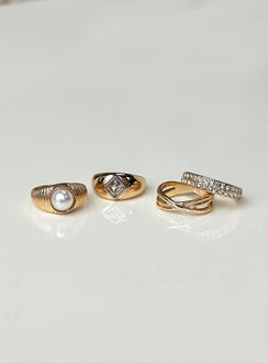 Ring Pack of four Gold toned Pearl and diamante detail Light weight