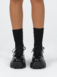 Platform shoes Faux patent leather Lace up fastening Chunky tread Padded ankle  Man made upper, lining & sole