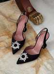 Heels Princess Polly Exclusive Satin material  Jewel detailing  Pointed toe  Elasticated slingback strap  Flared heel 