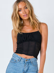 Crop top Mesh material Gathered material at bust Invisible zip at side Slim elasticated straps Lined bust