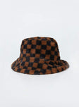 Bucket hat Faux fur material  Check print  Soft brim  Adjustable inner band  Fully lined