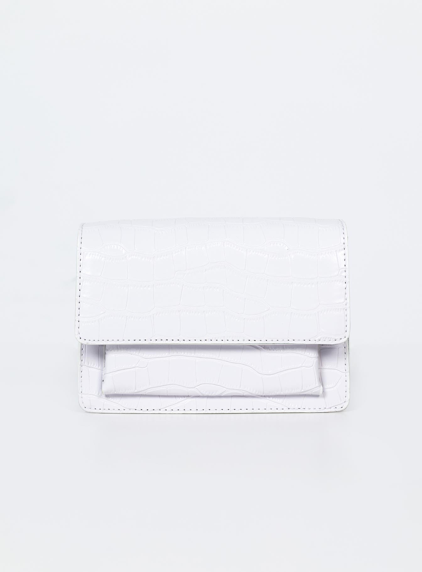 White bag Faux croc print Twin magnetic button fastening Adjustable straps Double compartments Gold-toned hardware