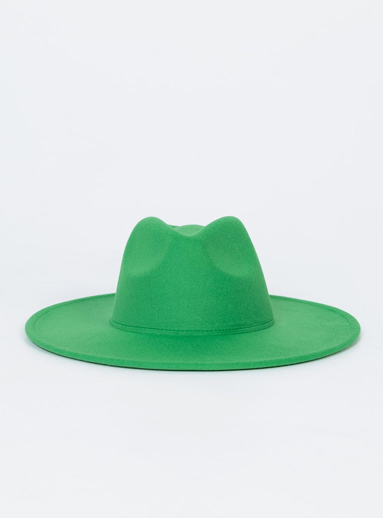 Green Fedora hat 65% cotton 35% polyester Faux felt material  Stiff brim  Adjustable inner headband 