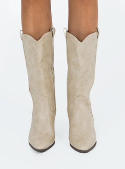 Cowgirl boots Faux leather material  Detail stitching  Mid calf length  Pull tabs  Pointed toe Block heel 