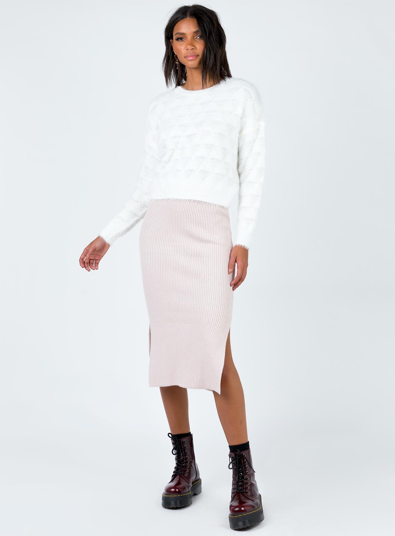 Front view of model wearing  front Zanna Midi Skirt Nude Pink Princess Polly  Midi Skirts 