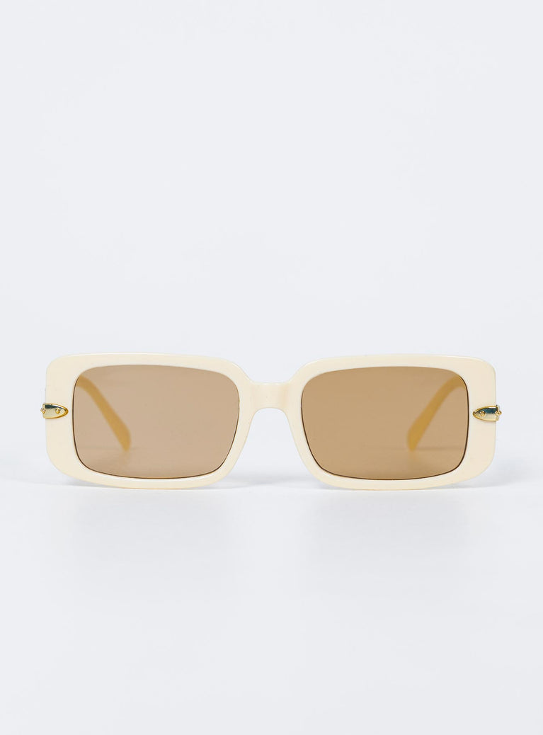 Sunglasses UV 400 Oversized style Rectangle frame Gold-toned detail on arms Moulded nose bridge Beige tinted lenses Lightweight