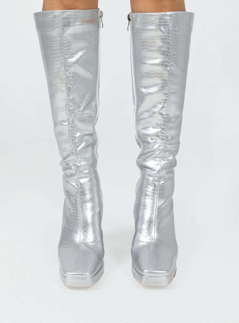 Knee high boots Princess Polly exclusive Faux leather material Reflective croc print Platform base Squared toe Thick flared heel Zip fastening at side