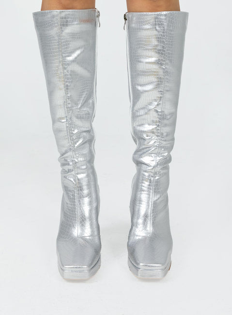 Knee high boots Princess Polly exclusive Faux leather material Reflective croc print Platform base Squared toe Thick flared heel Zip fastening at side