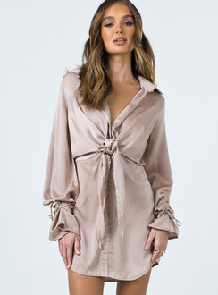 front view of model wearing Princess Polly Liberty Mini Dress Beige 