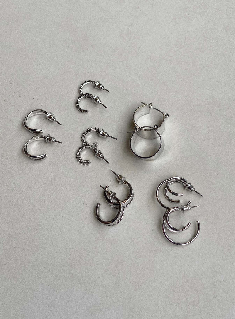 Earrings Pack of six styles All hoop design Stud fastening Silver-toned Each style differs